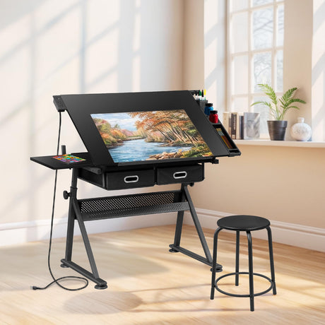 ZENY Adjustable Drafting Table with Stool, Tilting Drawing Desk Artist Table with Storage Drawers, Art Craft Workstation for Home Office Reading, Writing, Crafting (Black-with Outlet) ZENY