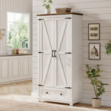 LUXOAK Farmhouse Kitchen Pantry Cabinet, 72" Tall Storage Cabinet with Adjustable Shelves & Barn Doors, Freestanding Kitchen Cupboard for Dining Room, Living Room, Barnwood+White LUXOAK