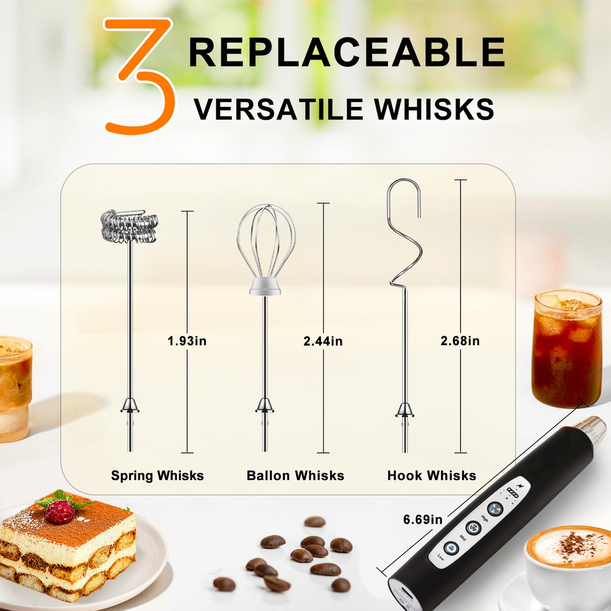 YUSWKO Black Handheld Milk Frother Wand for Coffee, Rechargeable Electric Whisk with 3 Heads 3 Speeds Drink Mixer Coffee Frother For Latte, Cappuccino, Hot Chocolate, Egg YUSWKO