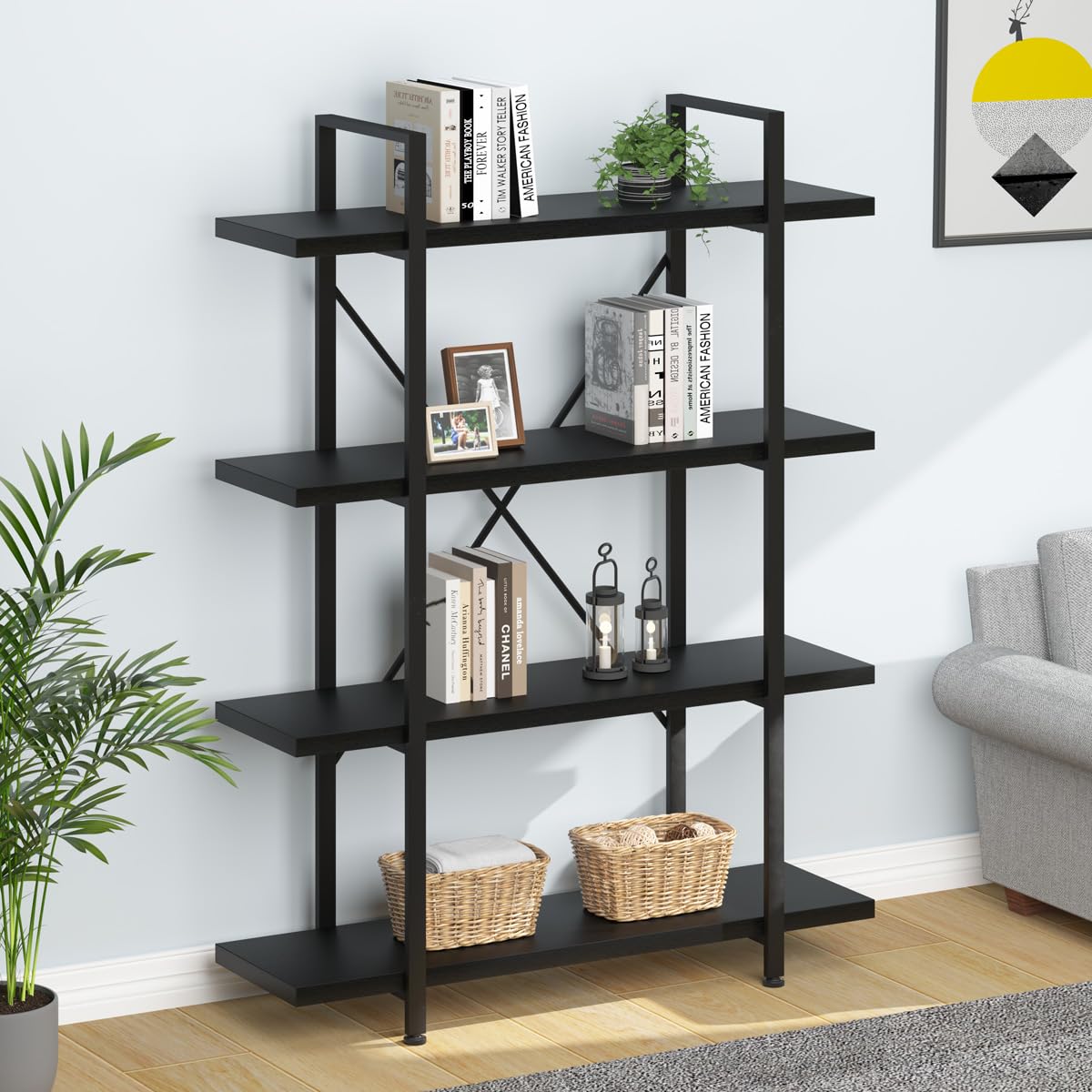 HSH 4 Tier Black Bookshelf, Industrial Metal Wood Storage Book Shelves, Modern Open 4 Shelf Bookcase and Display Etagere, Vertical Book Shelf for Bedroom Living Room Office HSH