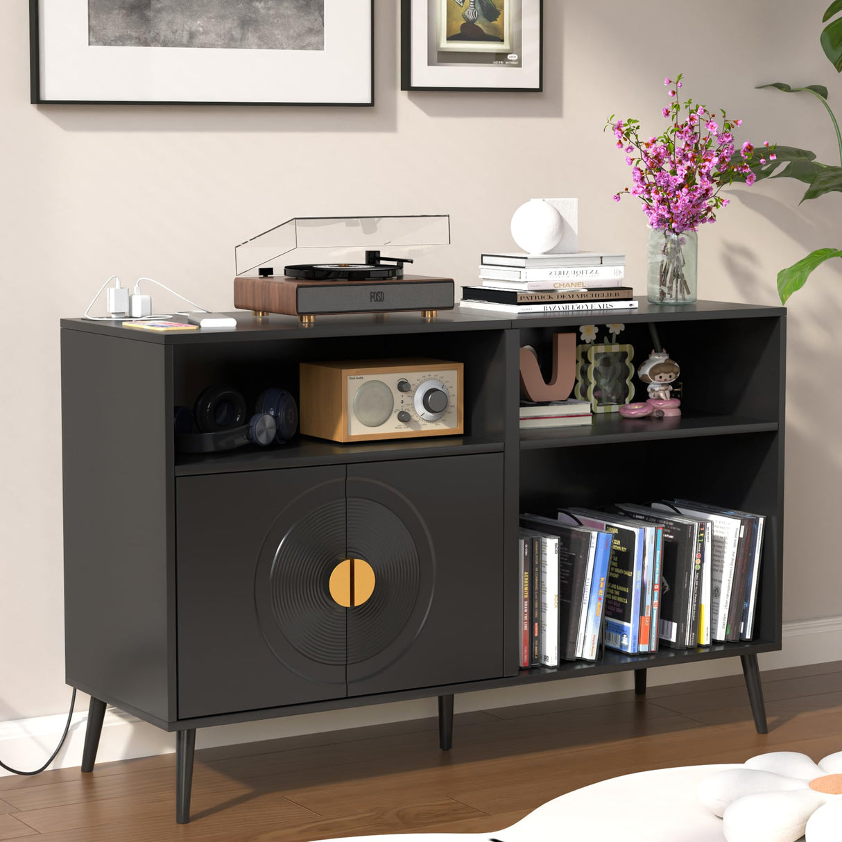 Large Record Player Stand, Record Table Cabinet with Power Outlet, Modern Vinyl Record Storage Cabinet with Wood Legs for Bedroom, Living Room, Office (Black) Athuiline
