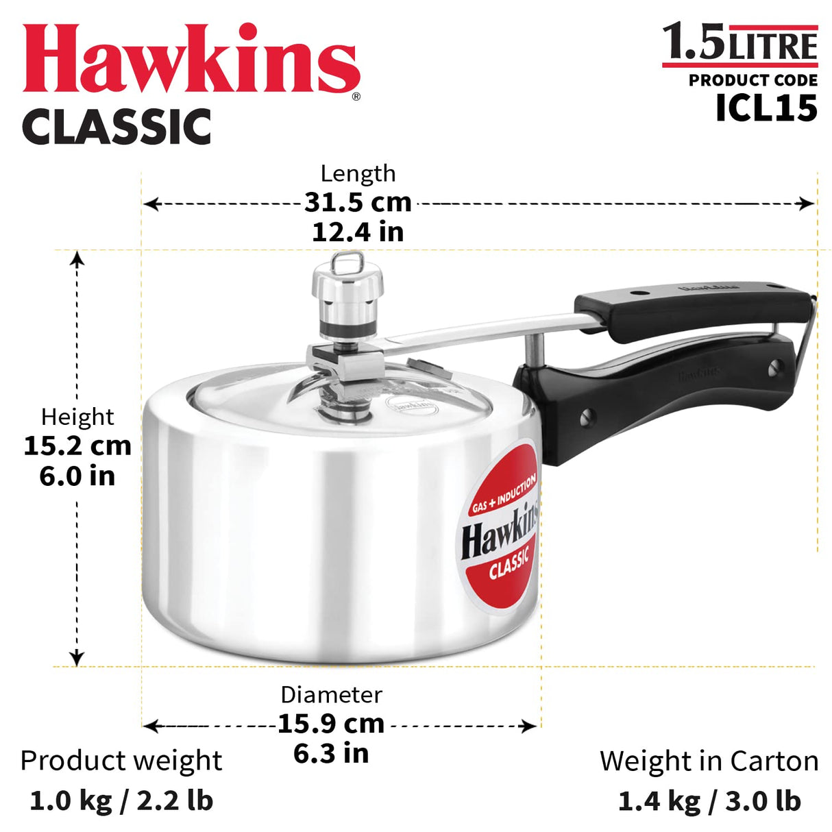 Hawkins 1.5 Litre Classic Pressure Cooker, Induction Inner Lid Cooker, Pan Cooker, Best Cooker, Silver (ICL15) HAWKINS