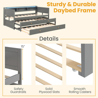 Giantex Grey Twin XL Daybed with Trundle, LED Light Strip, USB Ports & Storage Bookcase - WoodArtSupply