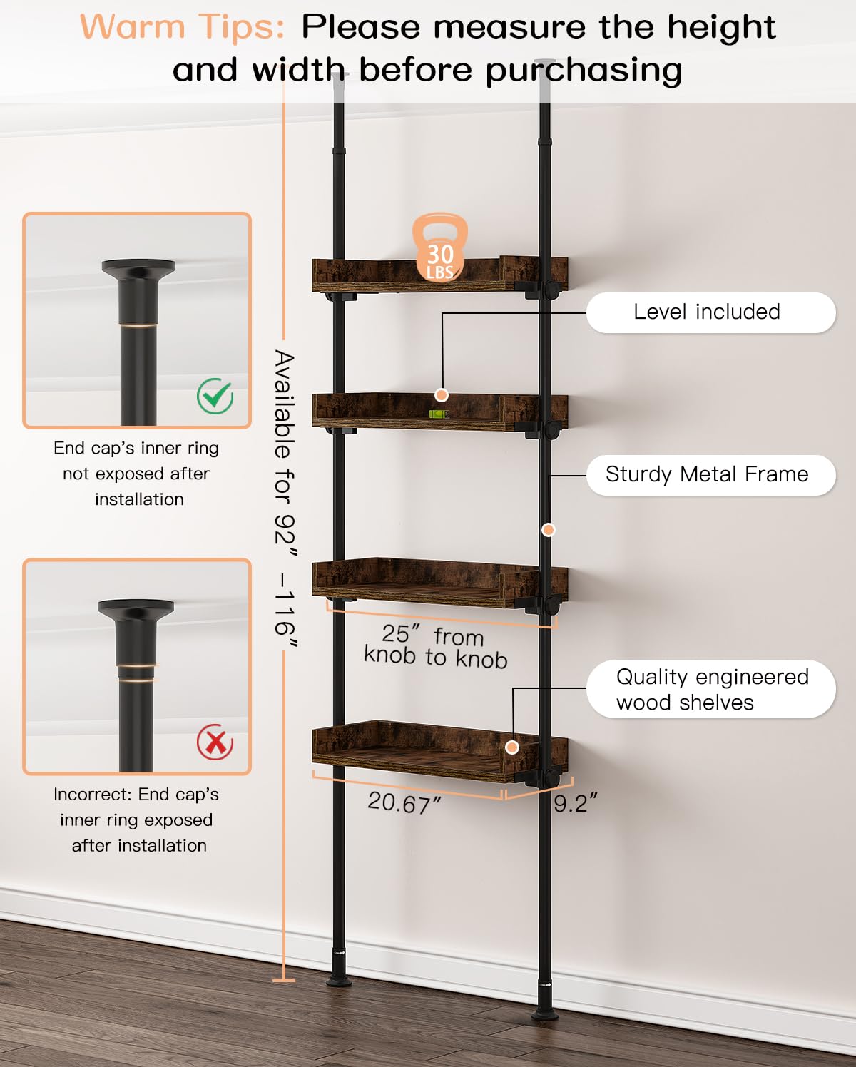 ALLZONE Bathroom Organizer, Over The Toilet Storage, 4-Tier Adjustable Wood Shelves for Small Rooms, Saver Space Rack, 92 to 116 Inch Tall, Narrow Cabinet, Rustic Brown