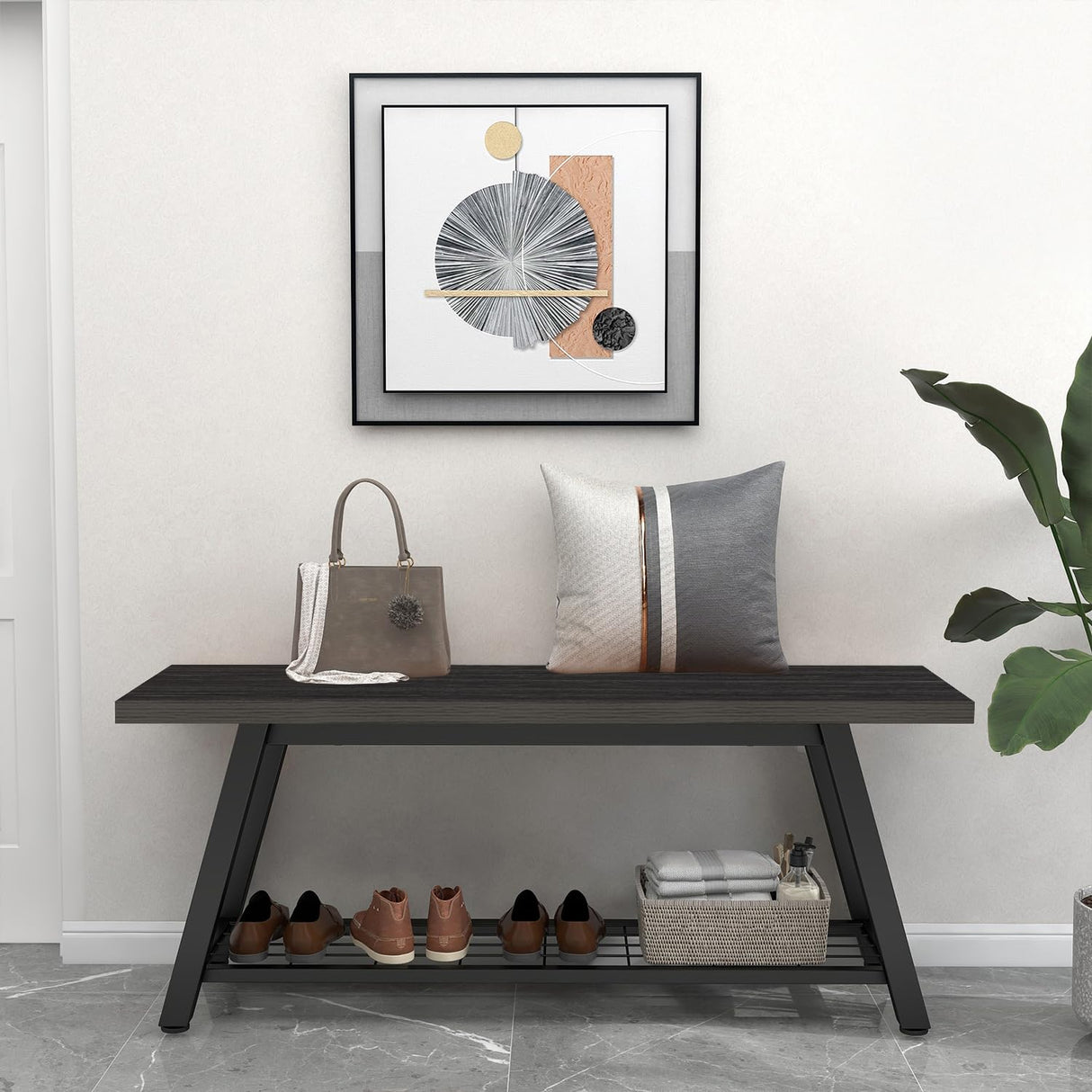 Oastreeful Industrial Entryway Bench Rustic Wood and Metal Storage Bench for Indoor Living Dining Room Bedroom Long Shoe Benches Seat (Charcoal Black) Oastreeful