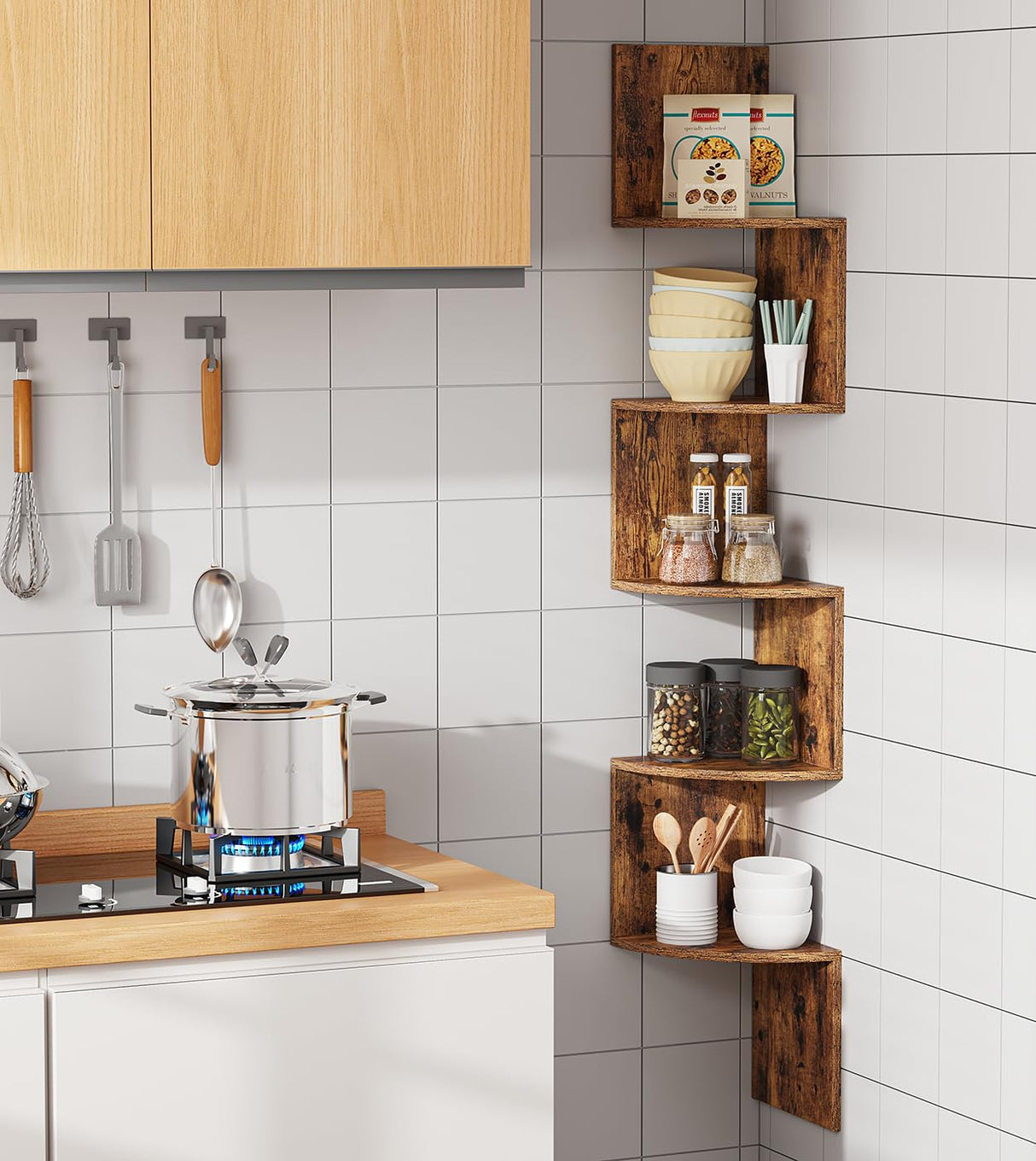 VIMBER 5-Tier Corner Shelf Wall Mount, Corner Bookshelf, Industrial Corner Ladder Shelf, Modern Display Shelf for Living Room, Bedroom, Kitchen, Home Office, Bathroom, Rustci Brown UJSJ003F VIMBER