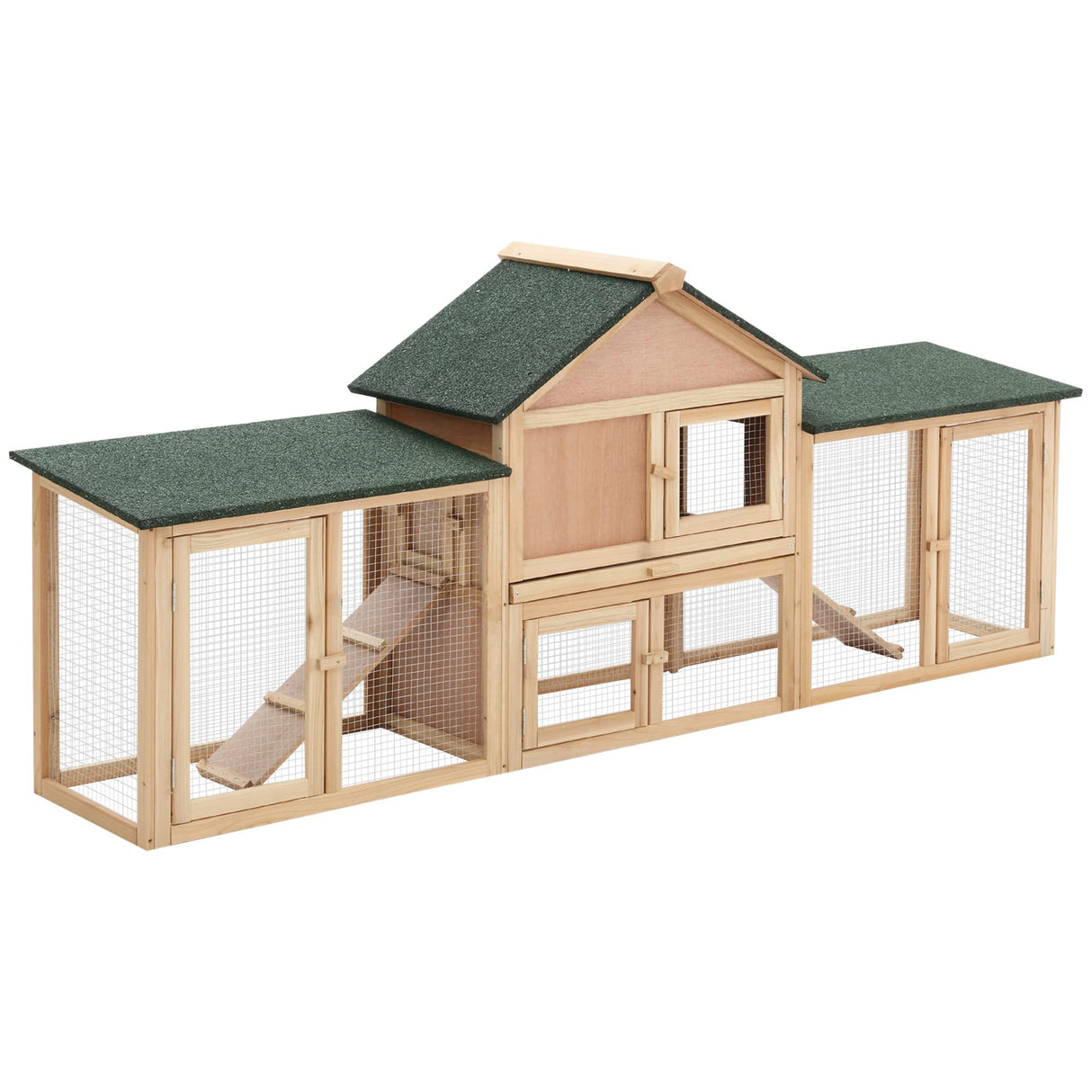 PawHut 83" L Outdoor Rabbit Hutch with Double Runs, Large Guinea Pig Cage Indoor, Wooden Bunny Hutch with Weatherproof Roof, Removable Tray, Ramps, Natural PawHut