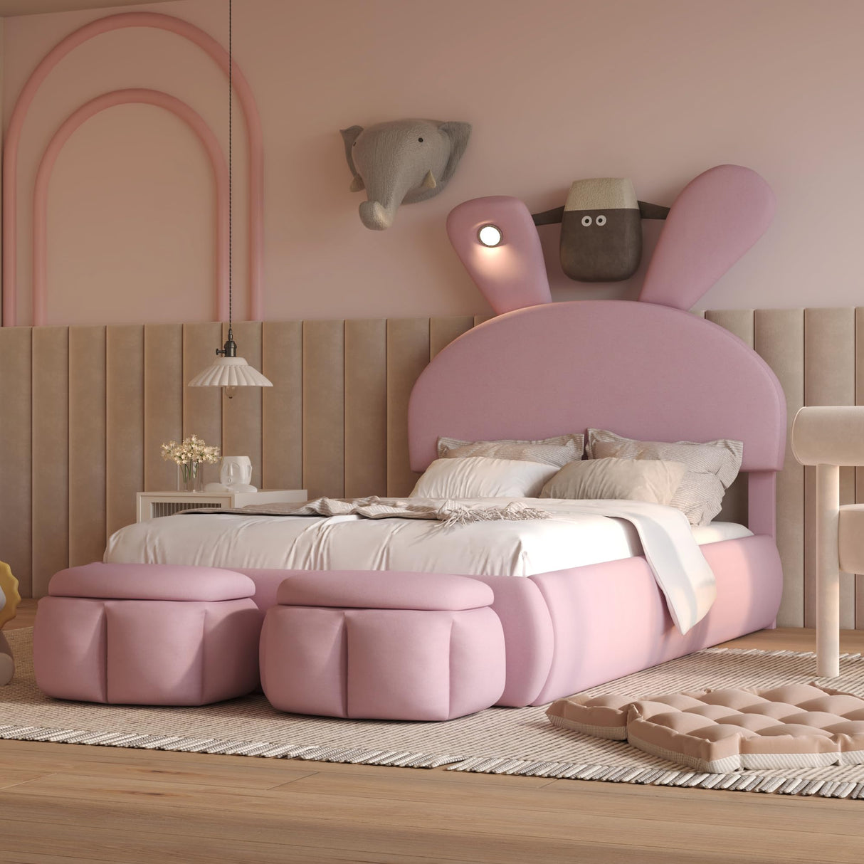 Merax Twin Size Upholstered Platform Bed with 2 Small Storage Stools Cartoon Ears Shaped Headboard and Light, Pink Merax