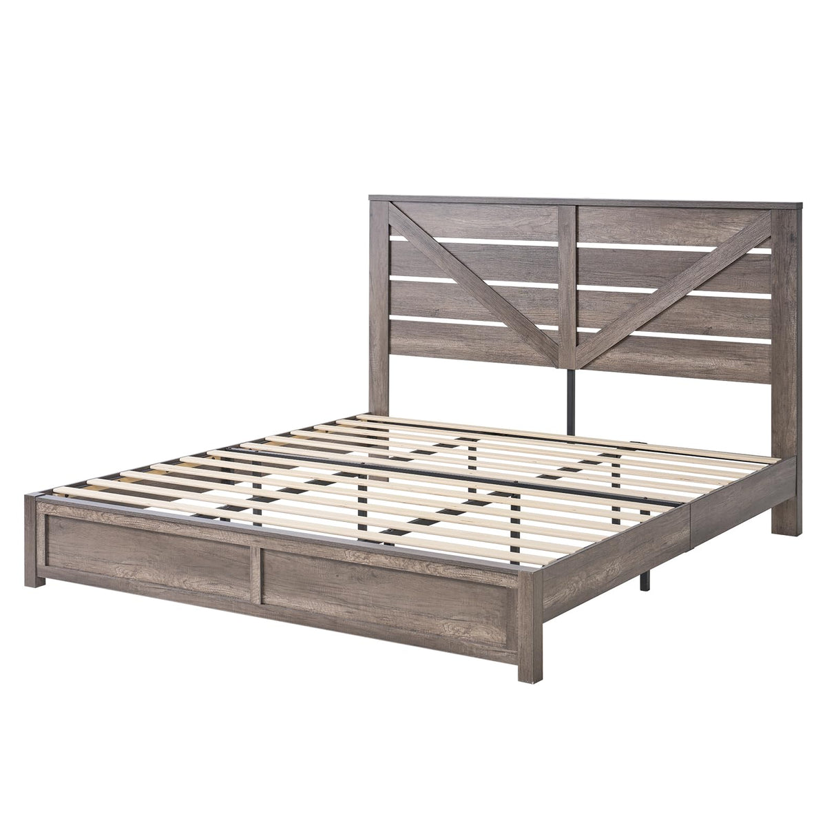 AMERLIFE King Size Farmhouse Bed Frame with 49.2" Barn Door Headboard, Platform Bed Frame with Wood Slats, Under Bed Storage Space, Easy Assembly, Noisy Free, Rustic Gray AMERLIFE