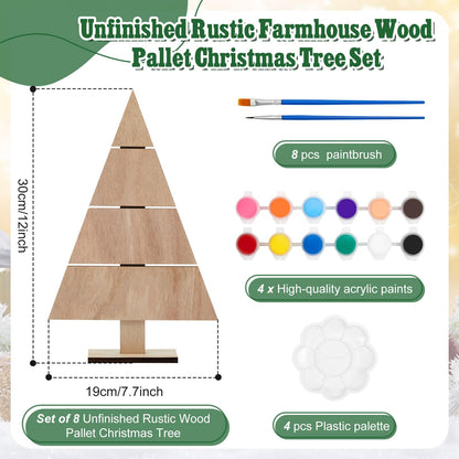 Soaoo 8 Pcs Christmas Standing Wood Pallet Christmas Tree Unfinished DIY Wooden Ornaments Kit Rustic Wooden Crafts 12 Colors Pigment Palettes and Paint Brushes(11.81 x 7.48 Inch)