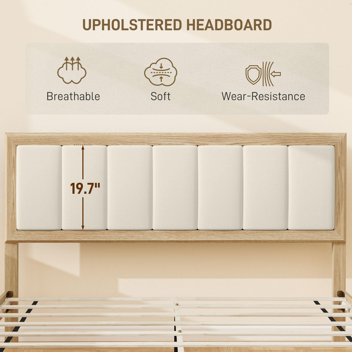 HOMCOM Queen Size Bed Frame with Upholstered Headboard, Platform Bed Frame with Wooden Slats, No Box Spring Needed, Easy Assembly, Oak HOMCOM