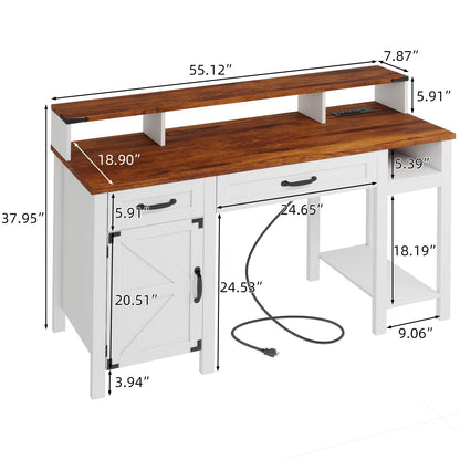 55" Farmhouse Executive Desk with LED Lights and Power Outlets, Computer Desk with Drawers & Monitor Stand, Large Home Office Desk Storage Cabinet, Workspace for Work and Study