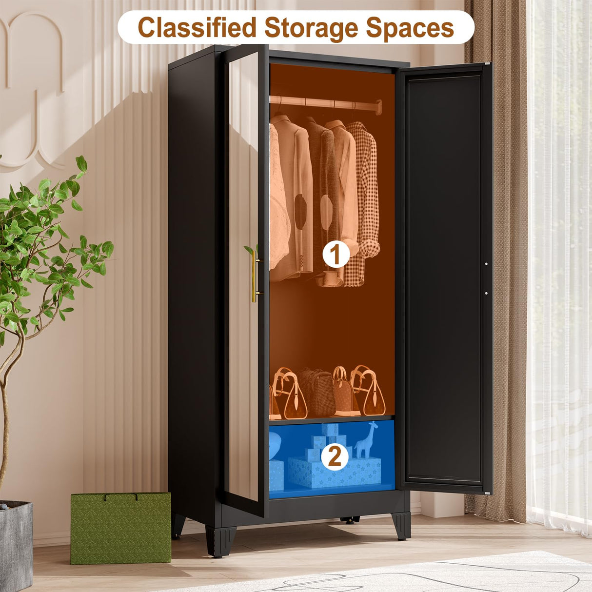 baoliwo Metal Armoire Wardrobe Closet Storage Cabinet with Mirror, 71'' Wardrobe Cabinet with Hanging Rod Metal Closet with 2 Adjustable Shelves for Bedroom, Laundry Room, Cloak Room baoliwo