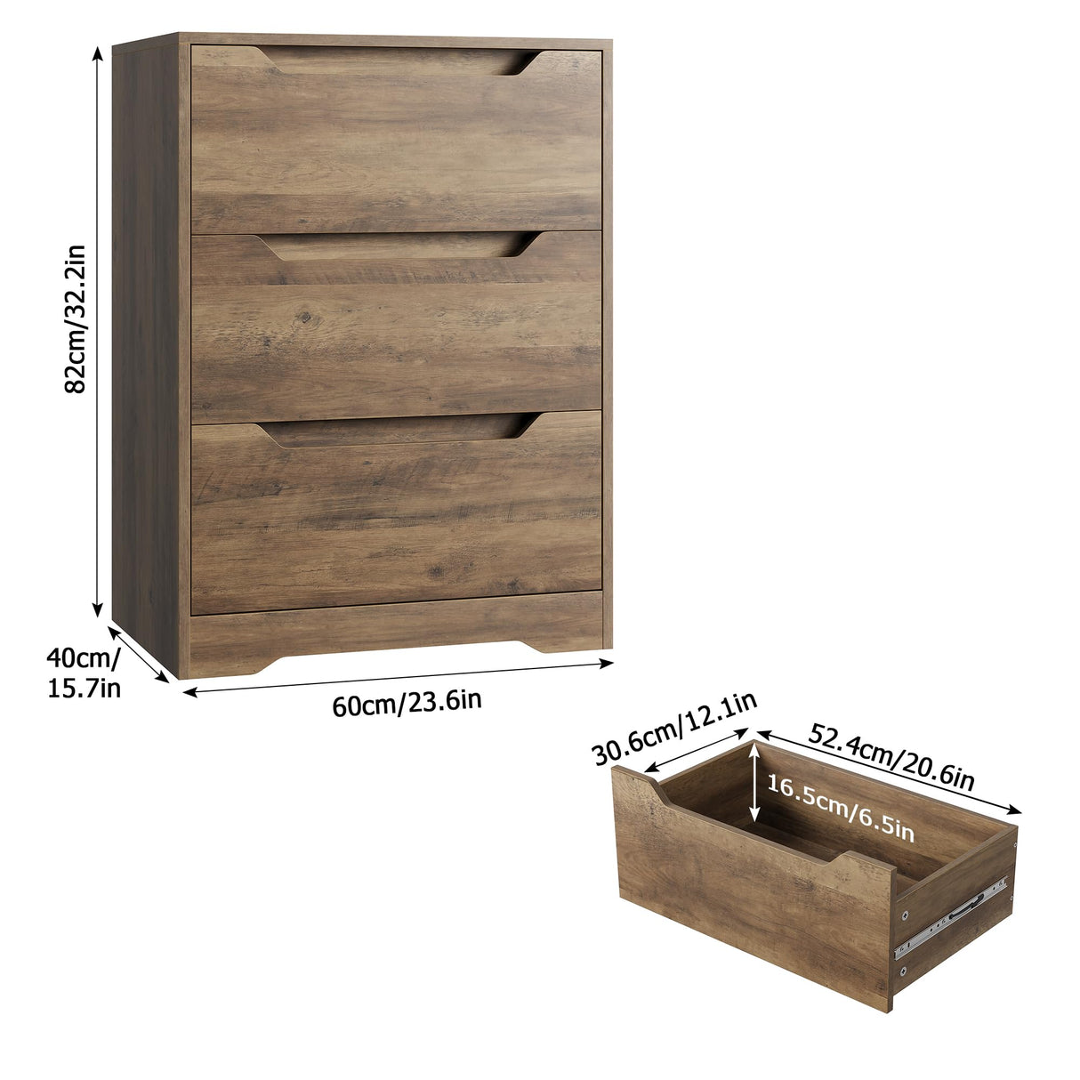 HOSTACK Modern 3 Drawer Dresser, Wood Chest of Drawers with Storage, Tall Nightstand with Cut-Out Handles, Side End Table, Accent Storage Cabinet for Living Room, Entryway, Rustic Brown HOSTACK