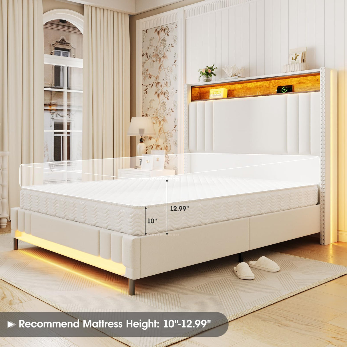 Fameill King Size LED Bed Frame with 51.6" Tall Headboard, Upholstered Platform Bed with Charging Station & Storage, No Box Spring Needed, Easy Assembly, Sturdy and Noise-Free, Beige Fameill