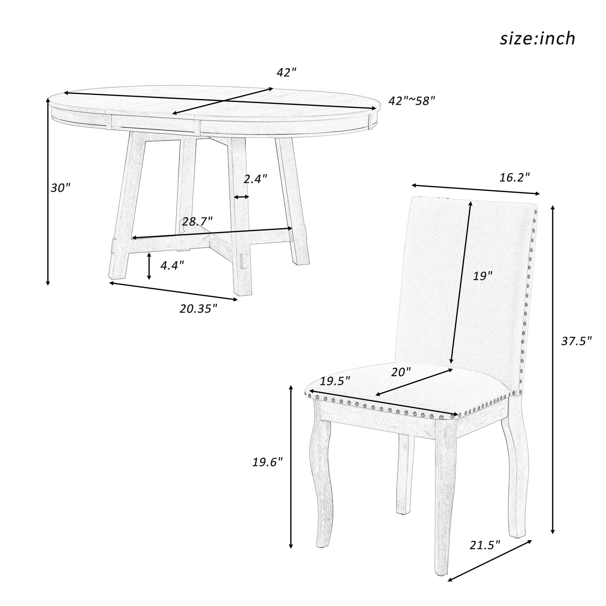 Luxo Abode 5 Piece Round Farmhouse Wood Dining Table Set with 4 Upholstered Chairs,Extendable Restaurant Furniture,for Kitchen Dinette,Diningroom,Natural Wood Wash - WoodArtSupply