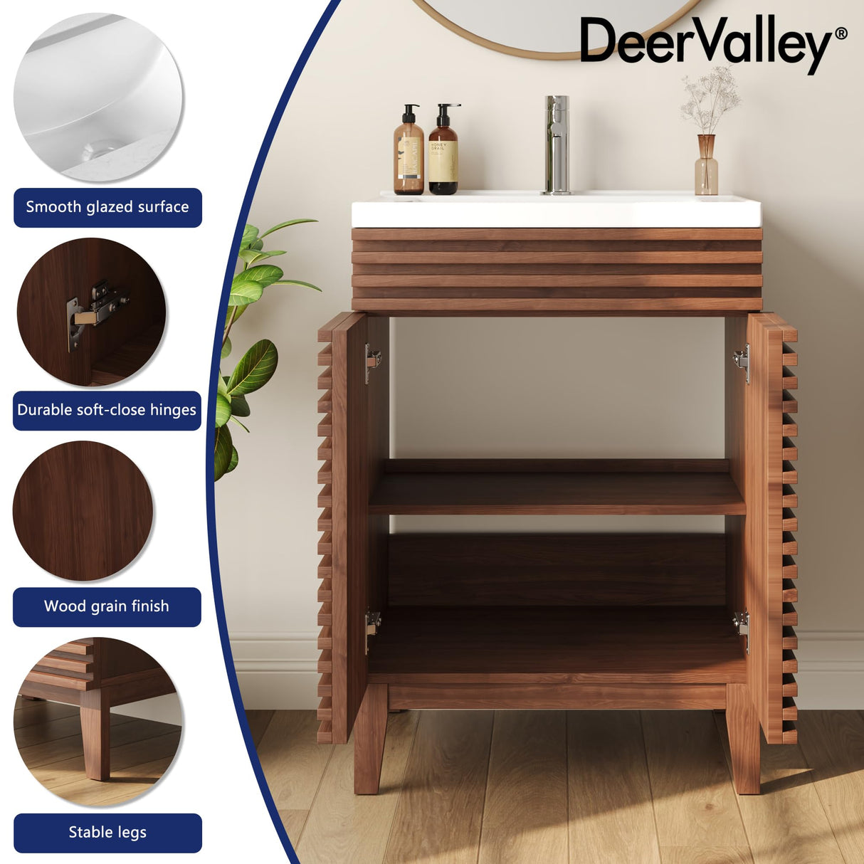 DeerValley DV-1BV0151NW 24" Bathroom Vanity with Ceramic Sink Top, Pre-Assembled Mid-Century Wood Bathroom Cabinet Sink Combo in Walnut White Deer Valley