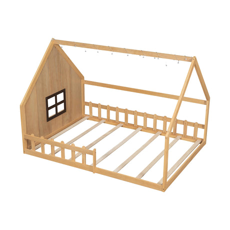 Full Size Floor Bed for Kids: Wood Montessori Bed with Fence & LED Light Full House Bed with Rails | Window Design for Girls Boys - Natural Mirightone