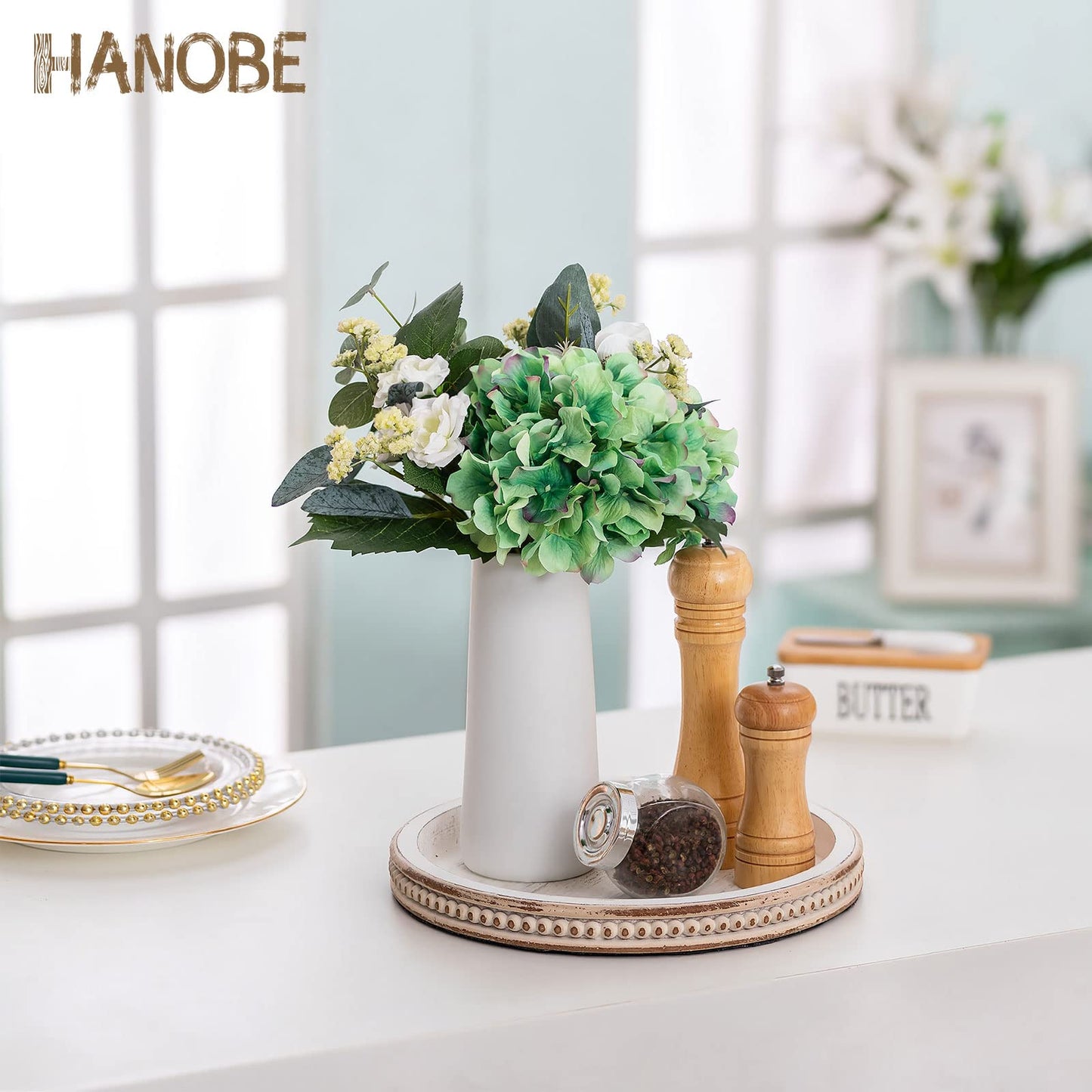 Hanobe Decorative Serving Tray Wood: White Washed Bead Round Tray Decor for Coffee Table Rustic Wooden Trays Farmhouse Centerpiece for Living Room Kitchen Counter - WoodArtSupply