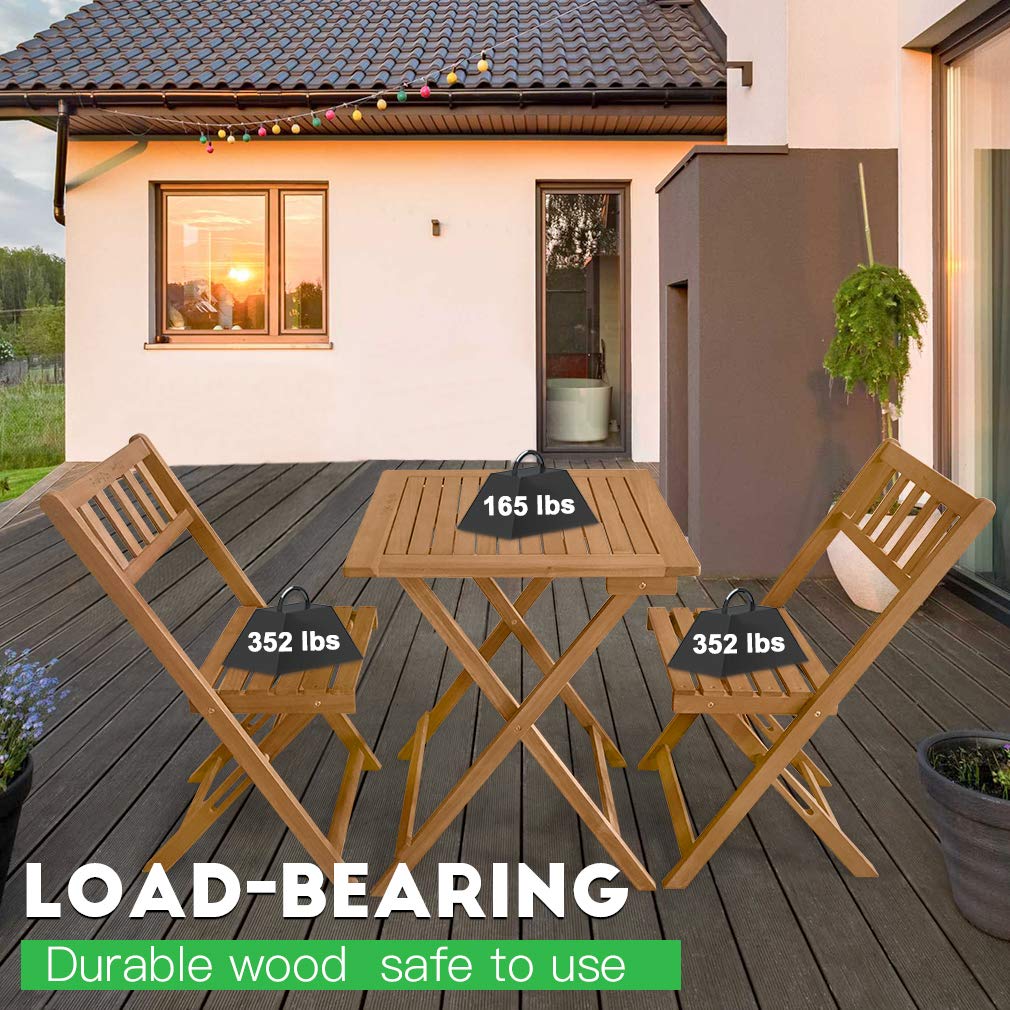 3-Piece Acacia Wood Folding Patio Bistro Set Outdoor Bistro Set Table and Chairs Set with 2 Chairs and Square Table for Pool Beach Backyard Balcony Porch Deck Garden Wooden Furniture, Natural Oiled FDW