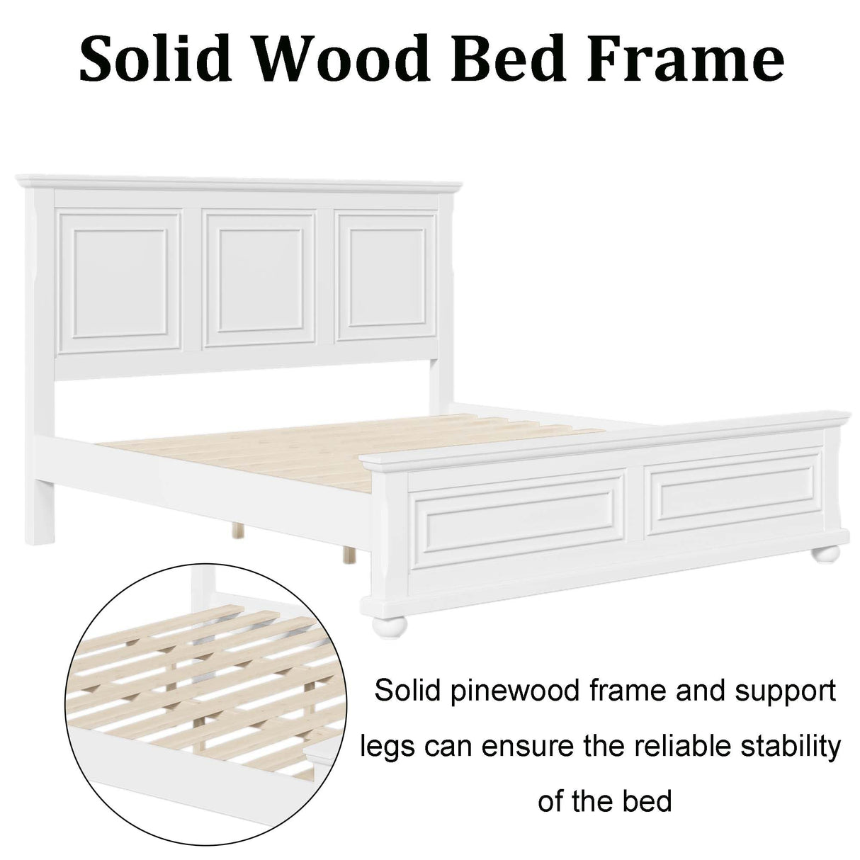 Mirightone King Size Platform Bed with Tall Headboard & Footboard in White Pinewood Mirightone