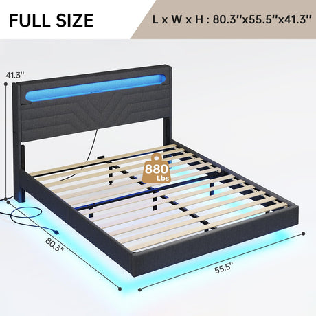 BTHFST Full Size Floating Bed Frame with RGB LED Lights & USB-C Power, Linen Upholstered Storage Headboard, Dark Gray BTHFST