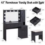 ACCOHOHO Farmhouse Vanity Desk with Mirror and Lights, 43" Wide Makeup Vanity with Glass Tabletop and Charging Station, Modern Vanity Table Set with Storage and Stool for Bedroom, Black ACCOHOHO