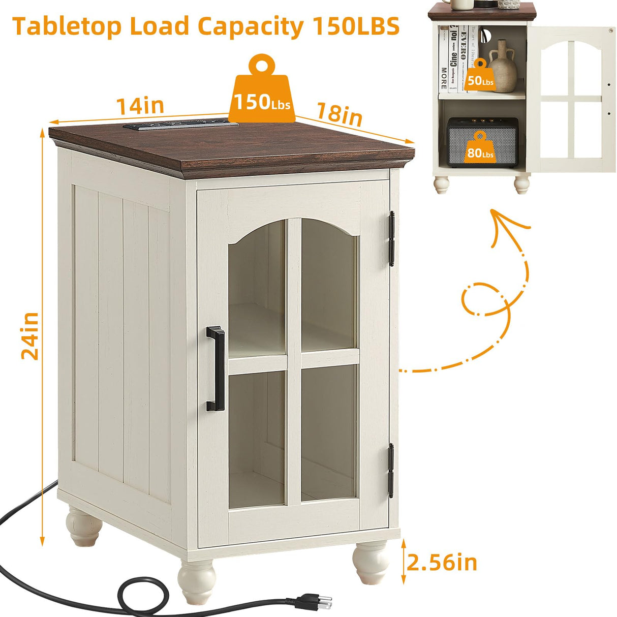 RWYHG Farmhouse End Table Set of 2 with Charging Station, 18'' Narrow Side Table and 24" Large Sofa Side Table with Glass Barn Door Storage, Wood Night Stand Bedside Table for Living Room,Bedroom RWYHG