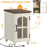 RWYHG Farmhouse End Table Set of 2 with Charging Station, 18'' Narrow Side Table and 24" Large Sofa Side Table with Glass Barn Door Storage, Wood Night Stand Bedside Table for Living Room,Bedroom RWYHG