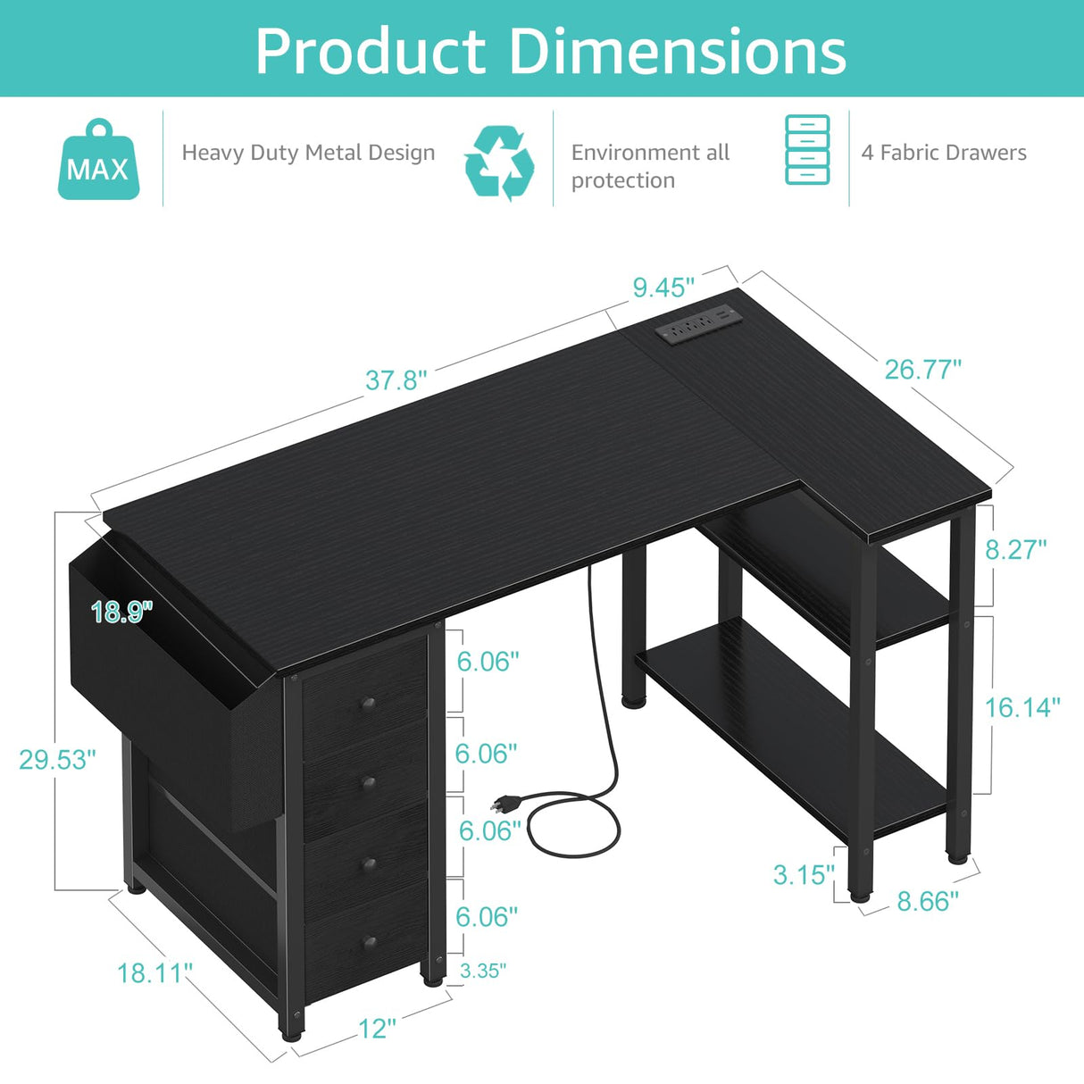 Lufeiya L Shaped Gaming Desk with Drawers & Storage Shelves, 47 Inch Corner Computer Desk with Power Outlet for Home Office Bedroom, L-Shaped Teen PC Desks with Fabric Drawer, Black Lufeiya