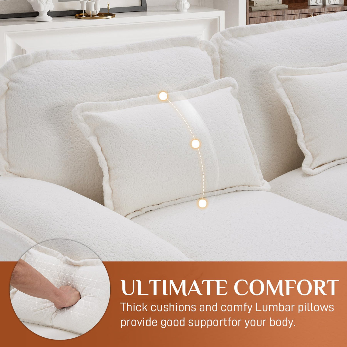 ONEMMLION U Shaped Cloud Couch Sectional Sofa, 124" Comfy Fluffy Chenille White Sectional Couches for Living Room with Double Chaise Lounge, Modern Modular Sectional Sofa with Central Console USB Port ONEMMLION