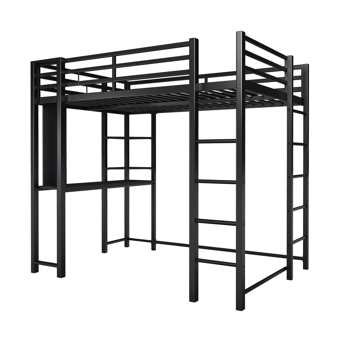 SUNLEI Loft Bed with Desk, Metal Loft Bed Full Size with 2 Built-in Ladders, with Safety Guard,Space-Saving Bed Frame, Noise Free for Small Bedroom, Black (Full Size) SUNLEI