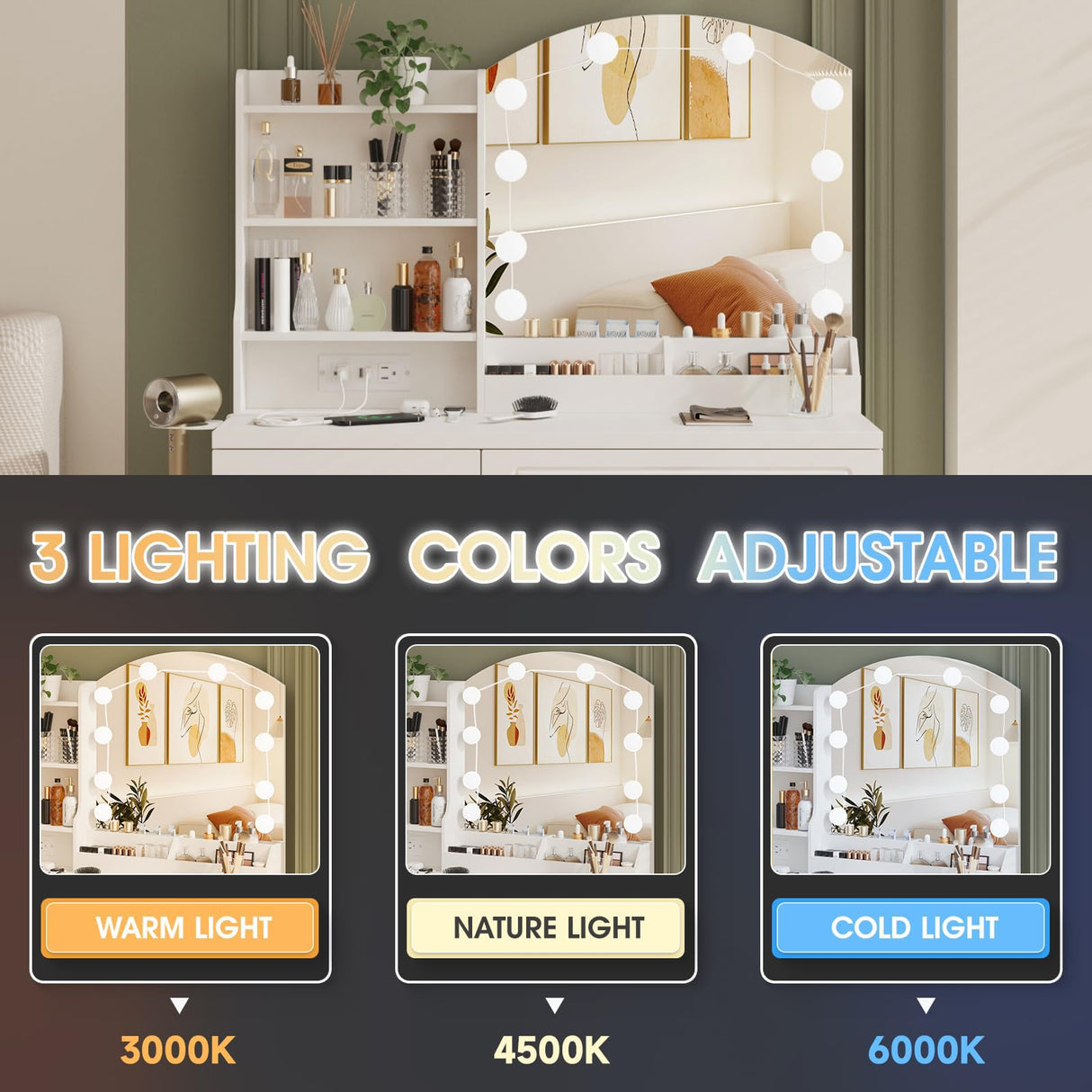 Vabches Makeup Vanity Desk with Lights and Charging Station, White Vanity Set Makeup Table with 4 Drawers Lots Storage, 3 Lighting Colors, Large Size 39.4in(W) Vabches