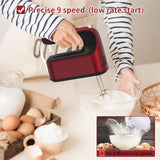 Yomelo 9-Speed Digital Hand Mixer Electric, 400W DC Motor, Hand Mixer electric Handheld with Snap-On Storage Case, Touch Button, Turbo Boost, 5x Stainless Steel Accessories (Red) Yomelo