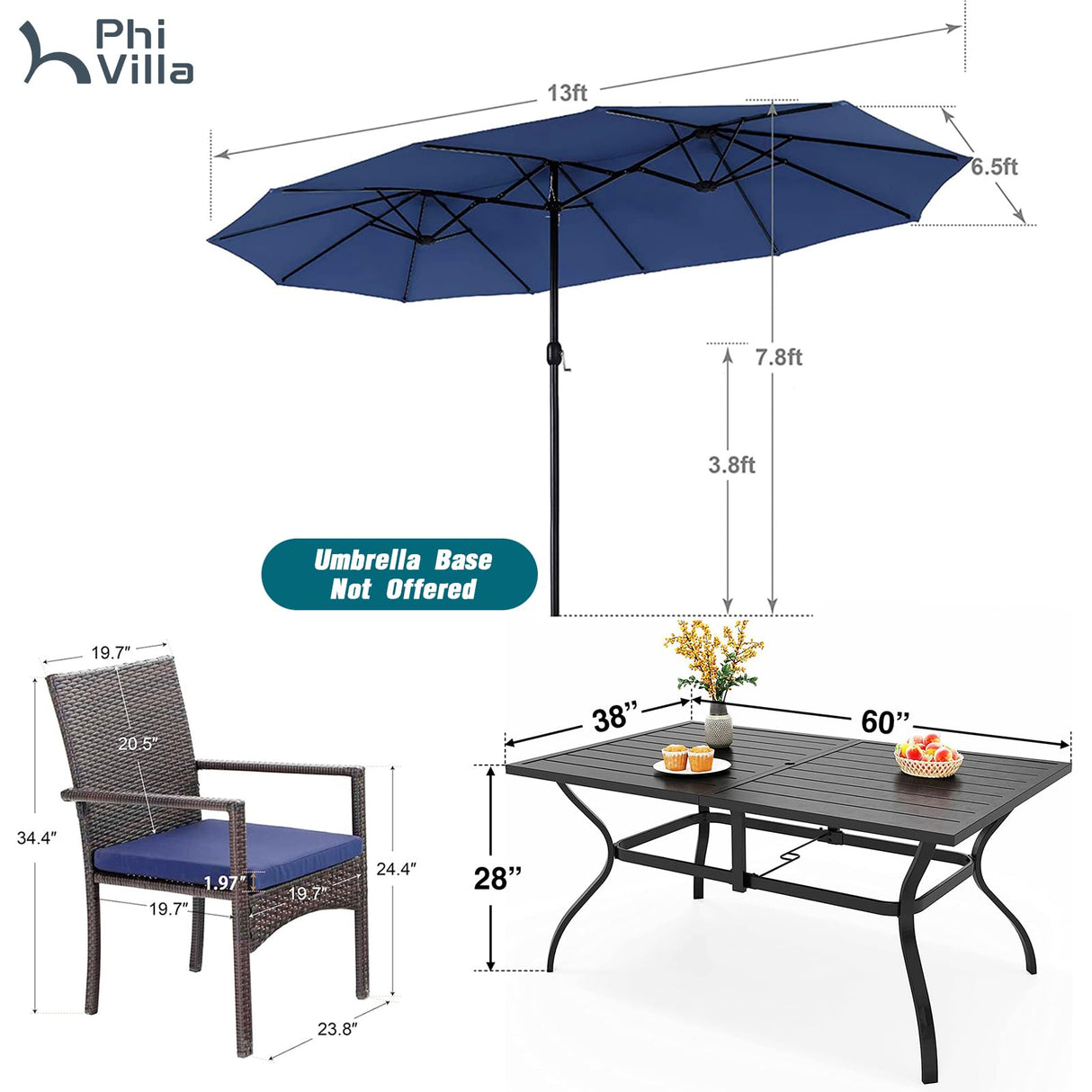 PHI VILLA 7 Piece Patio Dining Furniture Set with Umbrella, 60” Rectangular Metal Dining Table & 6 Cushioned Rattan Wicker Chairs & 13ft Large Blue Umbrella for Outdoor, Deck, Yard, Porch PHI VILLA