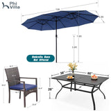 PHI VILLA 7 Piece Patio Dining Furniture Set with Umbrella, 60” Rectangular Metal Dining Table & 6 Cushioned Rattan Wicker Chairs & 13ft Large Blue Umbrella for Outdoor, Deck, Yard, Porch PHI VILLA