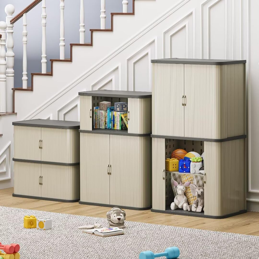 YITAHOME 73 Gallon Large Outdoor Storage Cabinet w/Shelf, Heavy-Duty Double-Wall Resin Storage Cabinet w/Sliding Doors for Indoor/Outdoor/Garage/Lawn Care, Waterproof, Light Gray YITAHOME