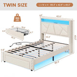 VIAGDO White Twin Bed Frames with LED Lights, Upholstered Platform Bed Frame Twin Size with Storage Headboard and Charging Station, LED Twin Bed Frame, No Box Spring Needed VIAGDO