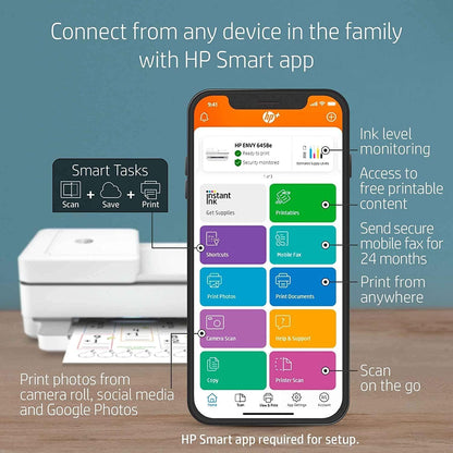 HP Envy 6458e All-in-One Wireless Color Inkjet Printer, Print Copy Scan - 10 ppm, 4800 x 1200 dpi, Auto 2-Sided Printing, 35-Sheet ADF, Dual-Band WiFi, Instant Ink Ready, White (Renewed)