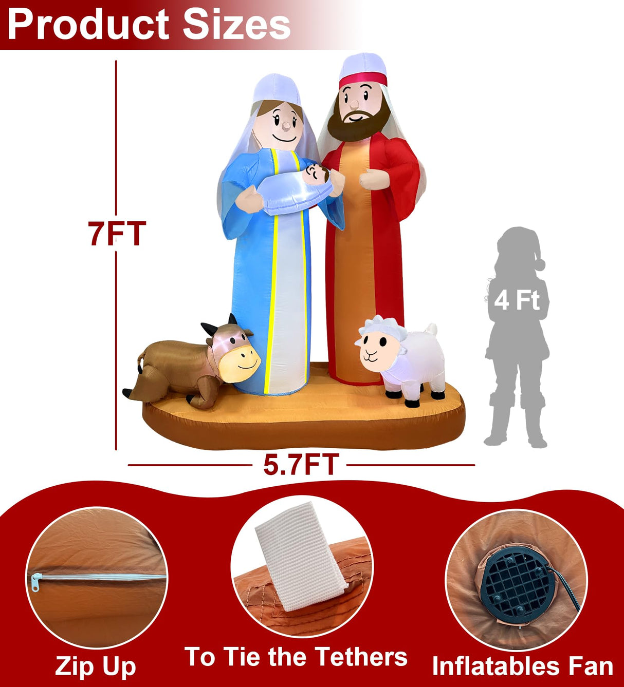 7 Ft Tall 5.7 Ft Long Christmas Inflatables Nativity Scene Outdoor Decorations, Christmas Blow Up Jesus Manger Set with Build-in LED Lights for Xmas Parties Yard Garden Decor TURNMEON