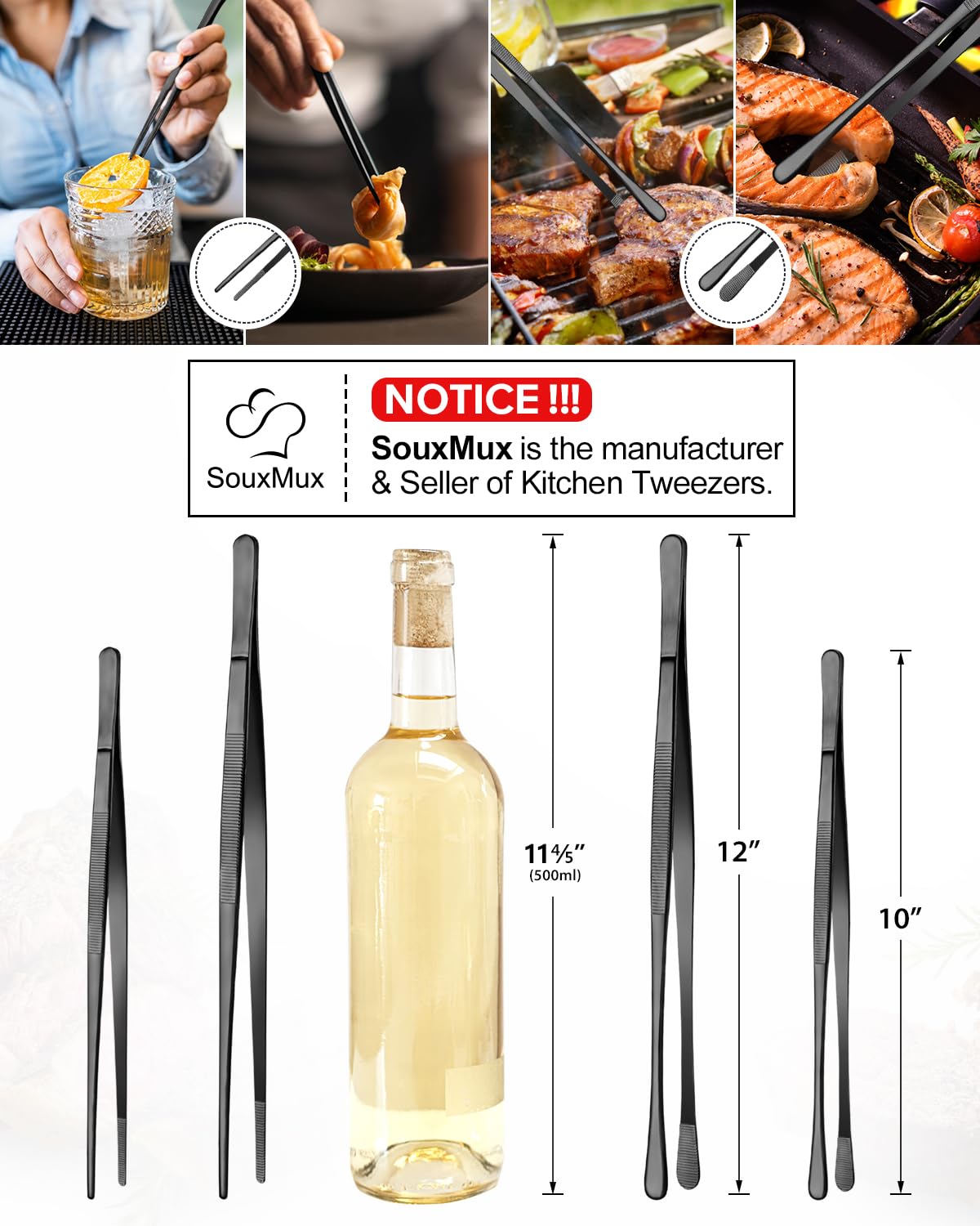 2 Pcs 12-inch Cooking Tweezers Tongs Precision Serrated Tips, Stainless Steel Professional Chef Tweezer Kitchen Tools for BBQ, Plating and Serving (Black) SouxMux