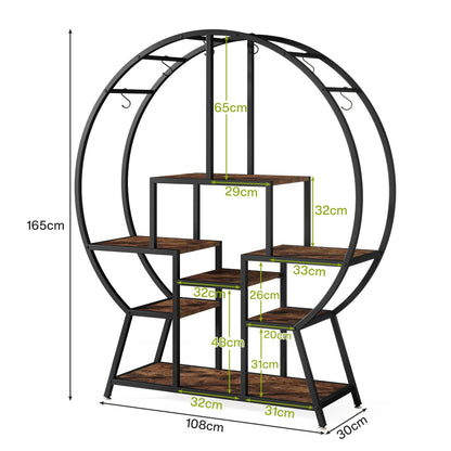 Tribesigns 65" Industrial Round Bookshelf with 7-Tier Wooden Shelves and Hooks for Stylish Storage - WoodArtSupply