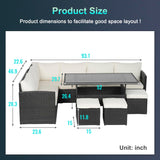 Outdoor Dining Sets 7 Pieces Patio Dining Table Set 9 Seats Rattan Outdoor Furniture Set with Glass Dining Table Sectional Sofas Ottoman Cushions for Patio Backyard Poolside Outdoor, Khaki PayLessHere