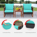 FDW 3-Piece Patio Bistro Set Acacia Wood Outdoor Chat Conversation Table Chair Set Outdoor Wood Chat Set with Water Resistant Cushions and Coffee Table for Beach Backyard Garden,Blue Cushion FDW