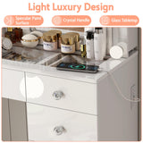 Vanity Desk with Power Outlet, Makeup Vanity with Mirror and 14 LED Light, 3 Lighting Modes,11 Drawer Vanity Table with Sliding Jewelry Storage, Glass Top, Specular Surface, White wanan