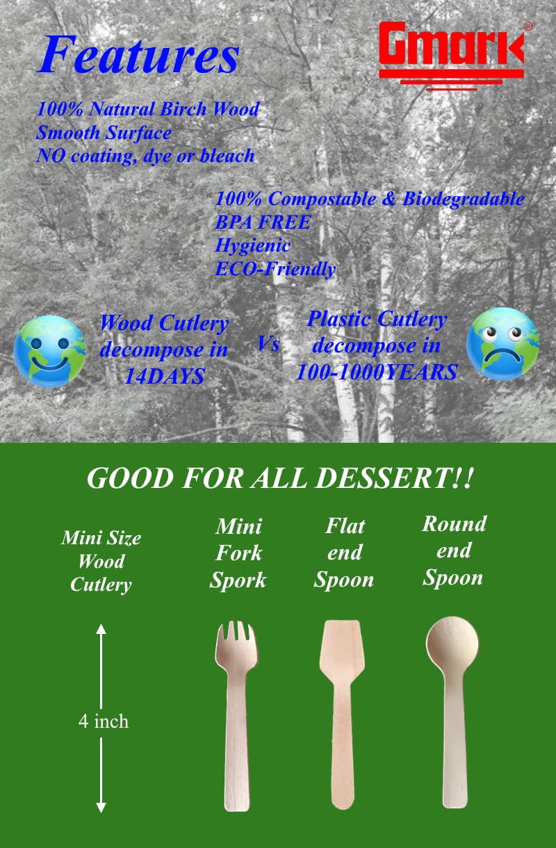 Gmark 4" Mini Wooden Spork 100 ct, Biodegradable Compostable Birchwood Fork Spoon 2-in-1 Utensil (100pcs/bag) GM1058A Gmark