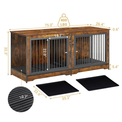 Rovibek 75'' Double Dog Crate Furniture for 2 Large Dogs, Heavy Duty Dog Crate, Furniture Style Dog Crate End Table, Wood Crates for Dogs Kennel Indoor, Decorative Dog Crate with Double Door, - WoodArtSupply