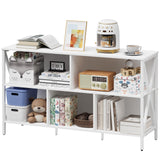 Horizontal Bookshelf,Industrial Modern 5 Cube Low Wide Cubby Bookcase,Long Wood and Metal Storage Organizer Open Shelf, Short Book Shelf Bedroom Storage for Home Office Living Room(White,5 Cube) Adompacat