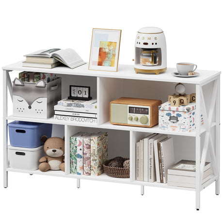 Horizontal Bookshelf,Industrial Modern 5 Cube Low Wide Cubby Bookcase,Long Wood and Metal Storage Organizer Open Shelf, Short Book Shelf Bedroom Storage for Home Office Living Room(White,5 Cube) Adompacat