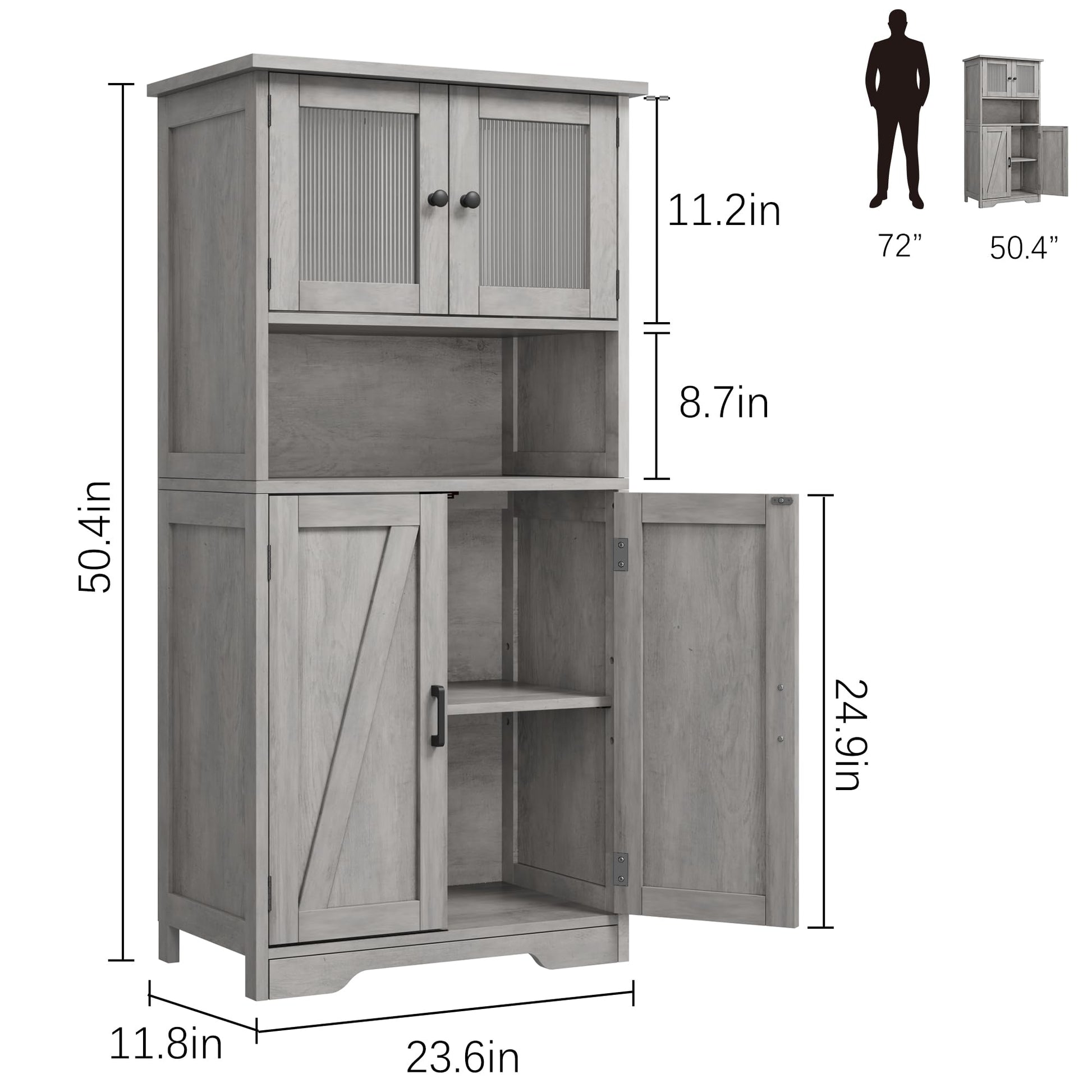 IDEALHOUSE 50.4" Grey Freestanding Kitchen Pantry Cabinet with Glass Doors and Adjustable Shelves - WoodArtSupply